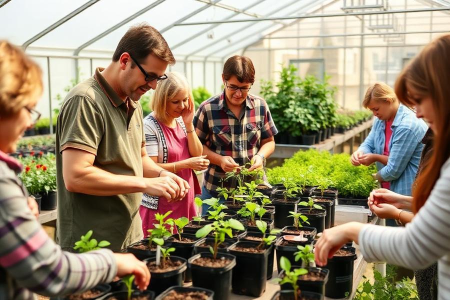 Grupo de personas participando de un taller práctico de jardinería en un vivero al aire libre