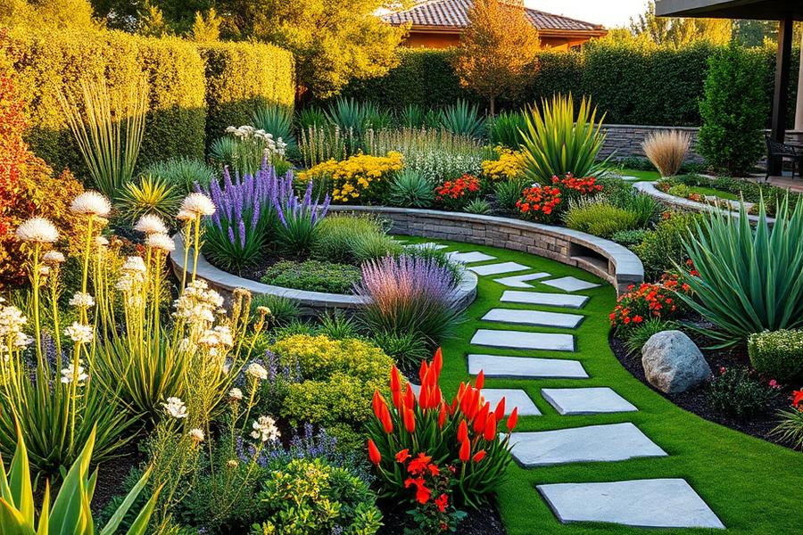 Diseño de paisajismo con canteros bien definidos, plantas ornamentales y sendero de piedras en un jardín residencial